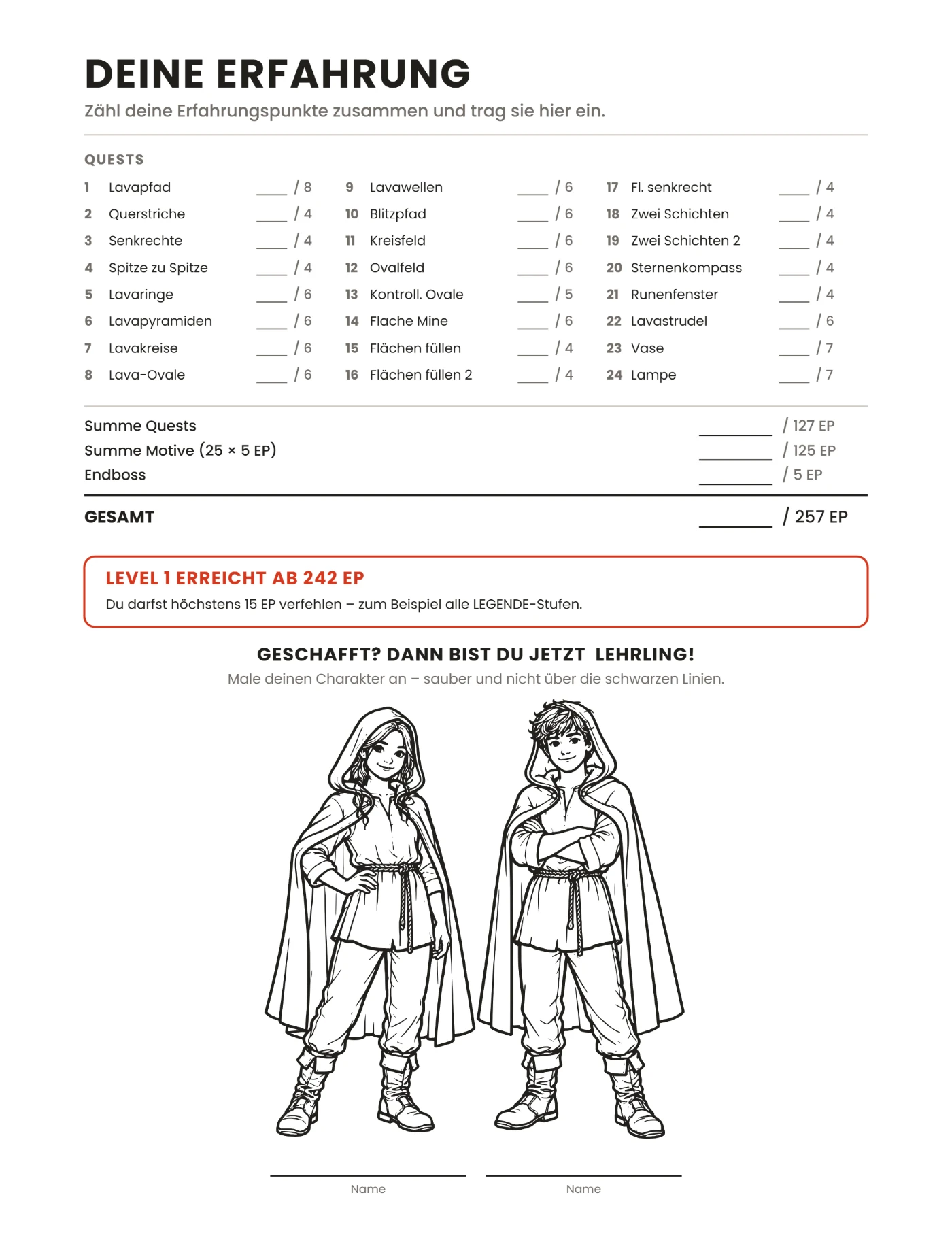 Die letzte Seite aus Band MENSCH: Tabelle ‚Deine Erfahrung‘ mit allen Quests und das Lehrlingspaar zum Ausmalen